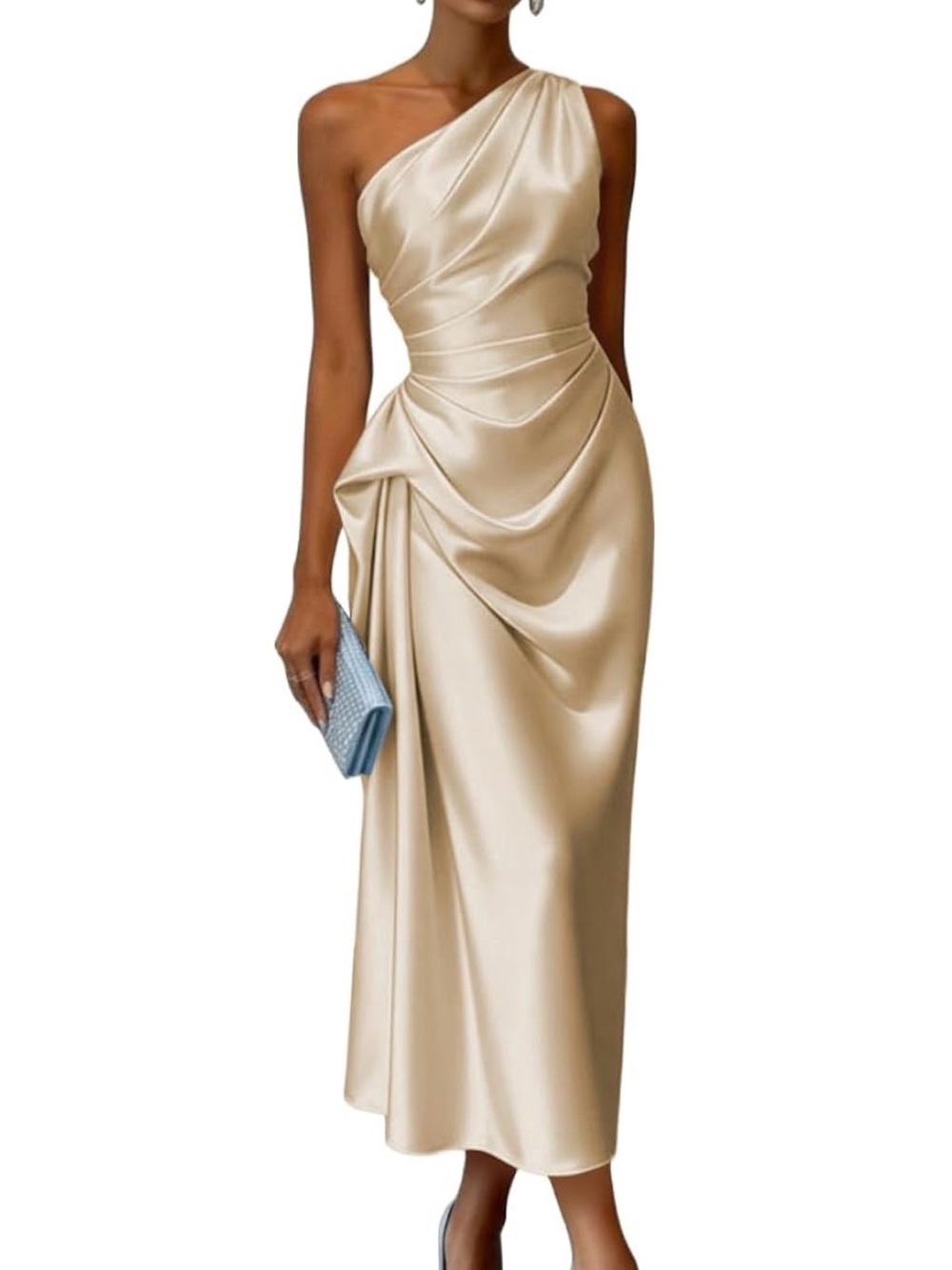 One-Shoulder Satin Evening Dress in Champagne